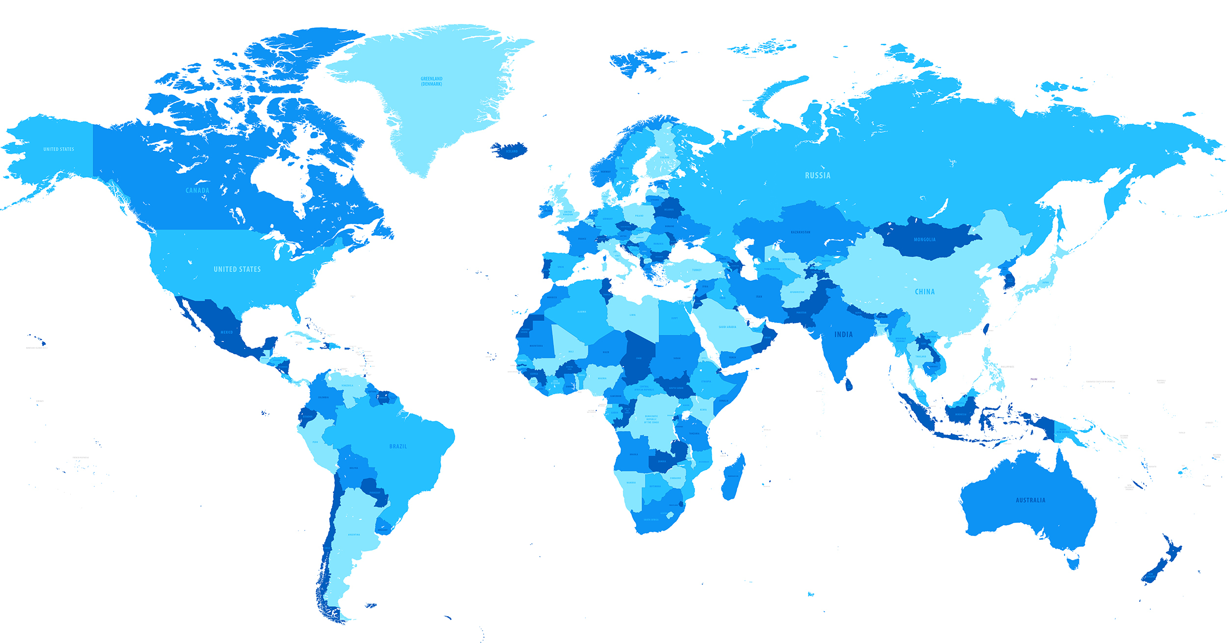 A blue map of the world with blue areas.