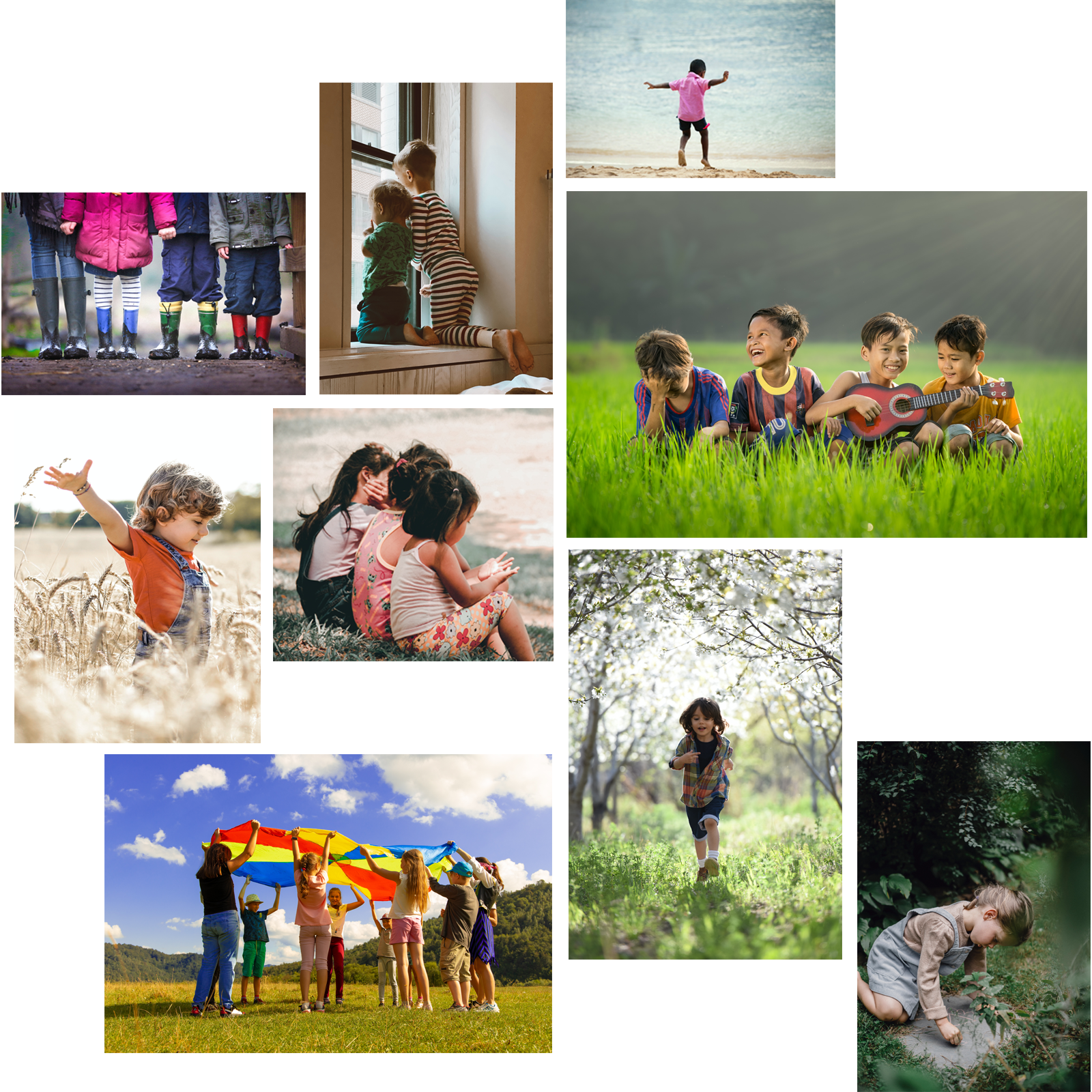A collage of photos of children playing in the grass.